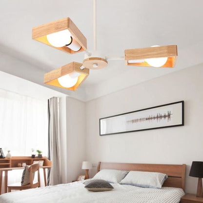Sputnik Chandelier with Wood Accents - Mid-Century Modern Ceiling Light for Living Room & Dining Room - Geometric Metal Frame Design