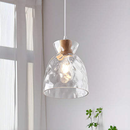 Wood & Glass Drop Light for Counter | Adjustable Height Cord Fixture with Clear Textured Shade | Nordic Style