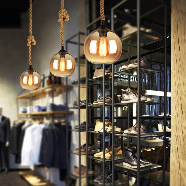 Hanging Ceiling Light Fixture Glass Shade Rope Accent E26 Socket Adjustable Height for Entryway Bedroom Living Space Contemporary Farmhouse