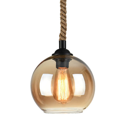 Spherical Glass Shade Ceiling Fixture with Rope Suspension – Rustic Farmhouse Lighting for Kitchens, Dining Rooms & Entryways