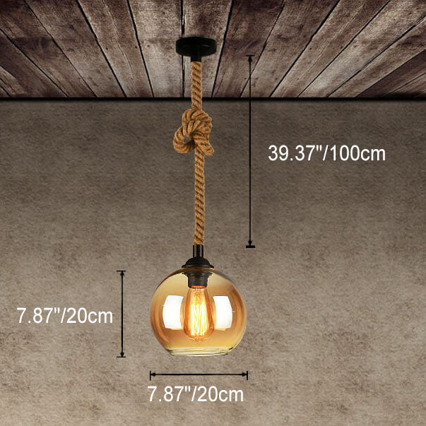 Hanging Ceiling Light Fixture Glass Shade Rope Accent E26 Socket Adjustable Height for Entryway Bedroom Living Space Contemporary Farmhouse