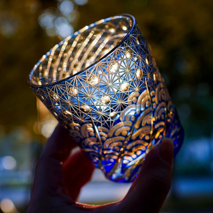 Hand-Cut Crystal Tumbler for Bourbon & Spirits, Blue-Amber Glass with Authentic Japanese Patterns, Gift-Ready Keepsake Box for Collectors