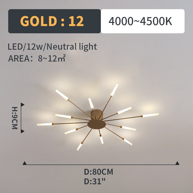Starburst Flush Mount Ceiling Light Black Gold Modern Firework LED Fixture Bedroom Living Room Natural White Hardwired Indoor