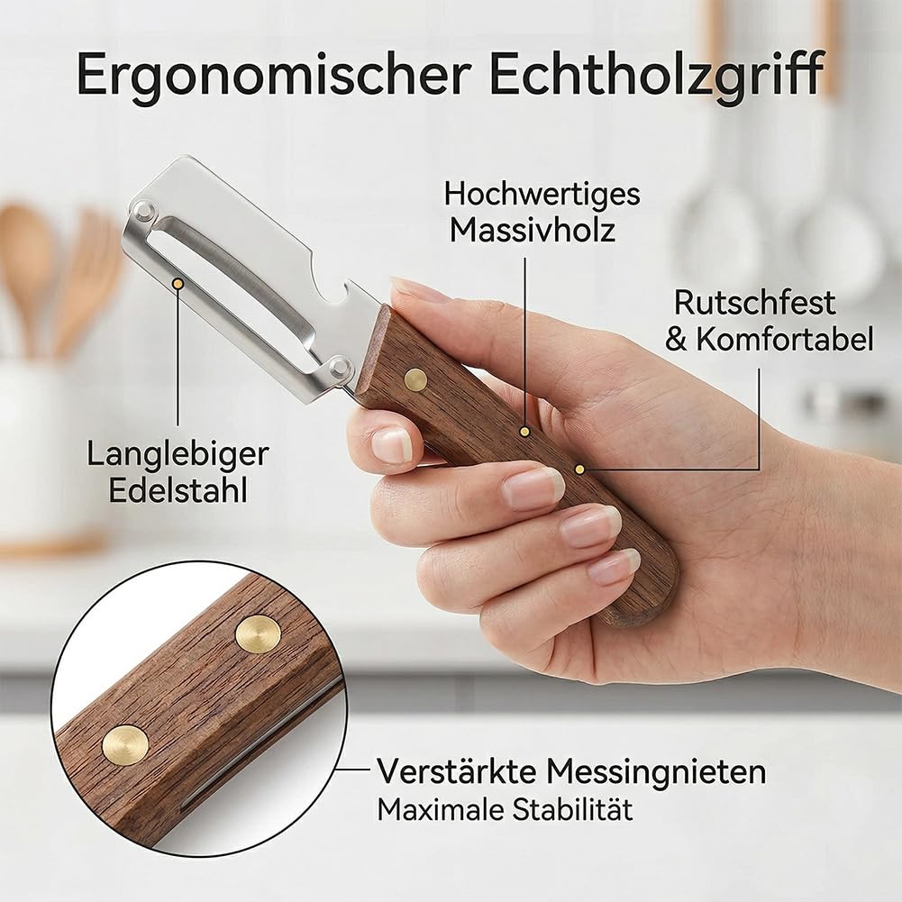 Kitchen Multitool Peeler Cutter Bottle Opener with Wood Handle 5-Piece Set for Prep Cooking Vegetables Fruit Tools Utensils Home Chef Use