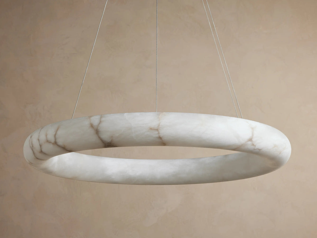 Round Alabaster LED Chandelier with Steel Cables for Dining Room, 36 or 48 Inch