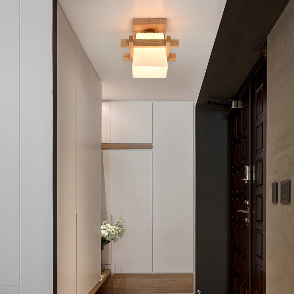 Square Flush Mount Ceiling Light Fixture with Wood Accent, White Shade, E27 Socket for Bedroom, Hallway, Living Room, Minimalist Home Lighti