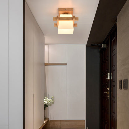 Square Flush Mount Ceiling Light Fixture with Wood Accent, White Shade, E27 Socket for Bedroom, Hallway, Living Room, Minimalist Home Lighti