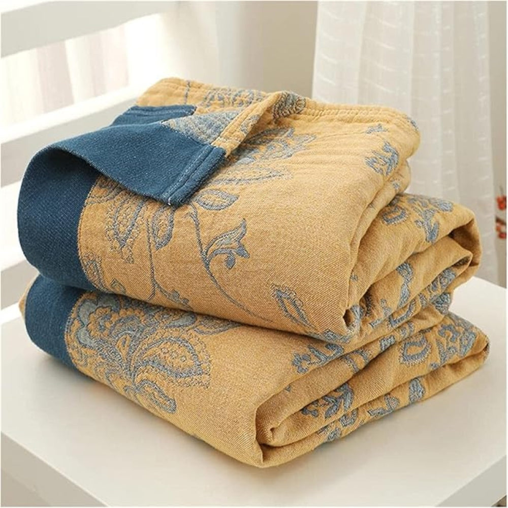 Layered Cotton Gauze Throw Blanket with Botanical Print for Bed or Couch – Lightweight Year-Round Comfort for Bedroom Living Room