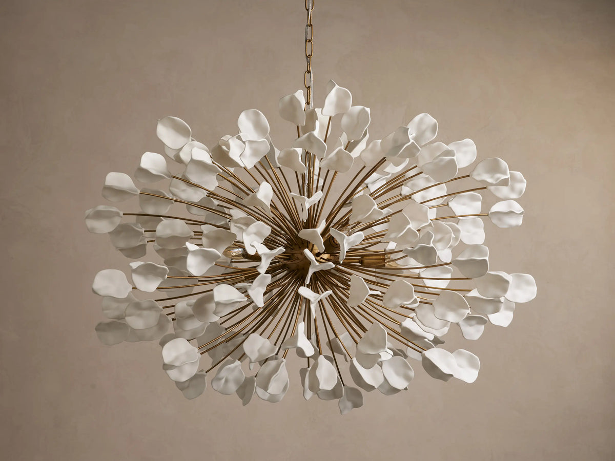Ceramic Petal Chandelier with Leaf-Cluster Design 5-Light Fixture 42-Inch Round Dimmable Hanging Lamp for Dining Room & Entryway
