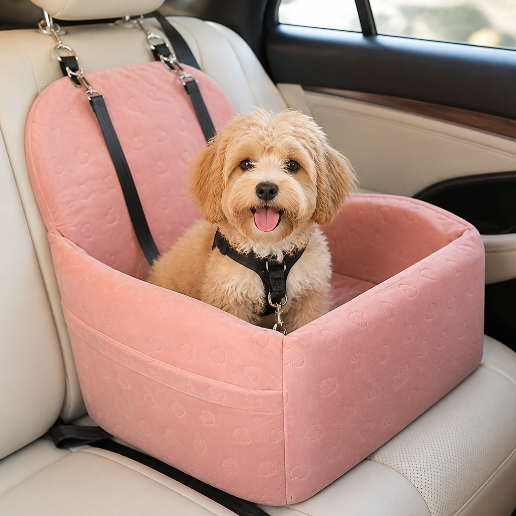 Ortekor Plush Memory Foam Dog Car Seat (3 Clip-On Safety Leashes)