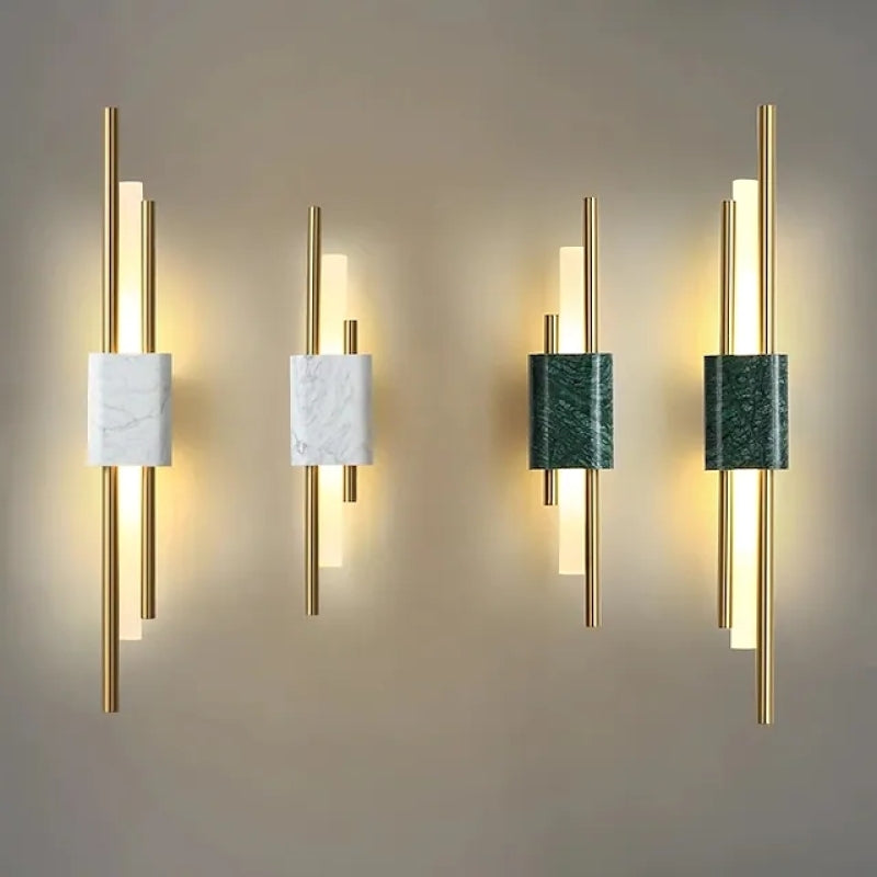 Modern Linear Wall Sconce with Marble Accents – Metal Construction, Warm LED Lighting for Bedroom & Living Room