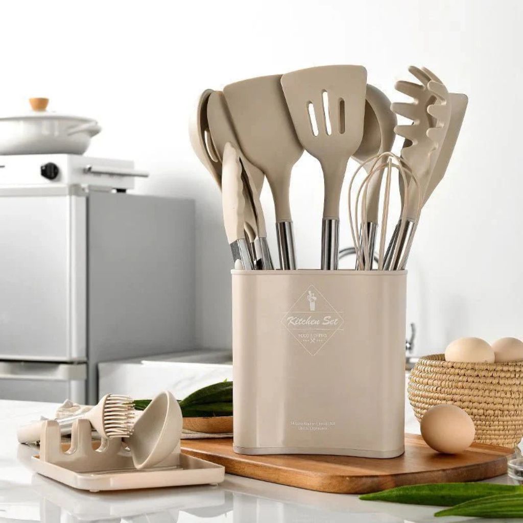 Cooking Tool Set 13-Piece Heat-Safe Nonstick Kitchen Utensils Gray Black Khaki with Caddy for Home Chefs Baking Stovetop Use