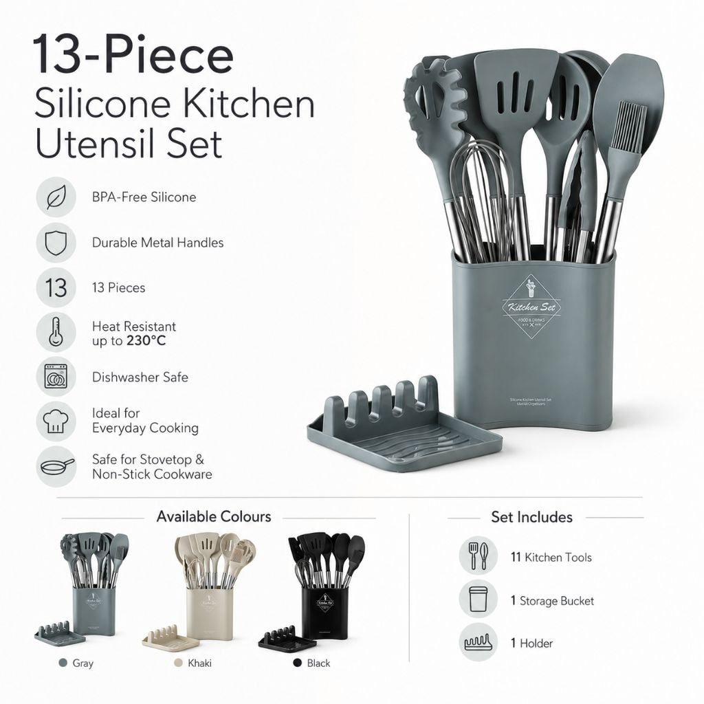 Cooking Tool Set 13-Piece Heat-Safe Nonstick Kitchen Utensils Gray Black Khaki with Caddy for Home Chefs Baking Stovetop Use
