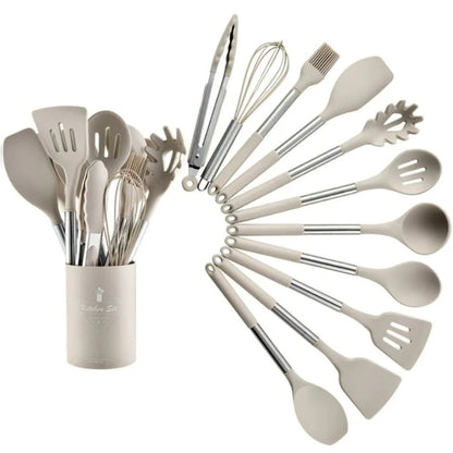 Cooking Tool Set 13-Piece Heat-Safe Nonstick Kitchen Utensils Gray Black Khaki with Caddy for Home Chefs Baking Stovetop Use