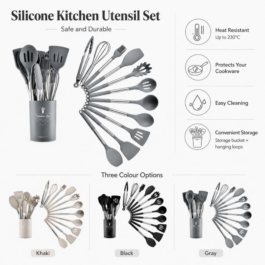 Cooking Tool Set 13-Piece Heat-Safe Nonstick Kitchen Utensils Gray Black Khaki with Caddy for Home Chefs Baking Stovetop Use