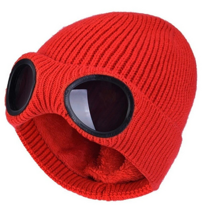 Knit Beanie with Flip-Down Goggles – Windproof Winter Hat for Outdoor Activities