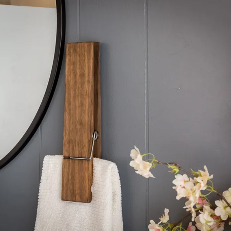 Oversized Wooden Clothespin Wall Hook for Towels & Clothes - Rustic Bathroom Organizer with Adhesive Backing - No Drill Installation