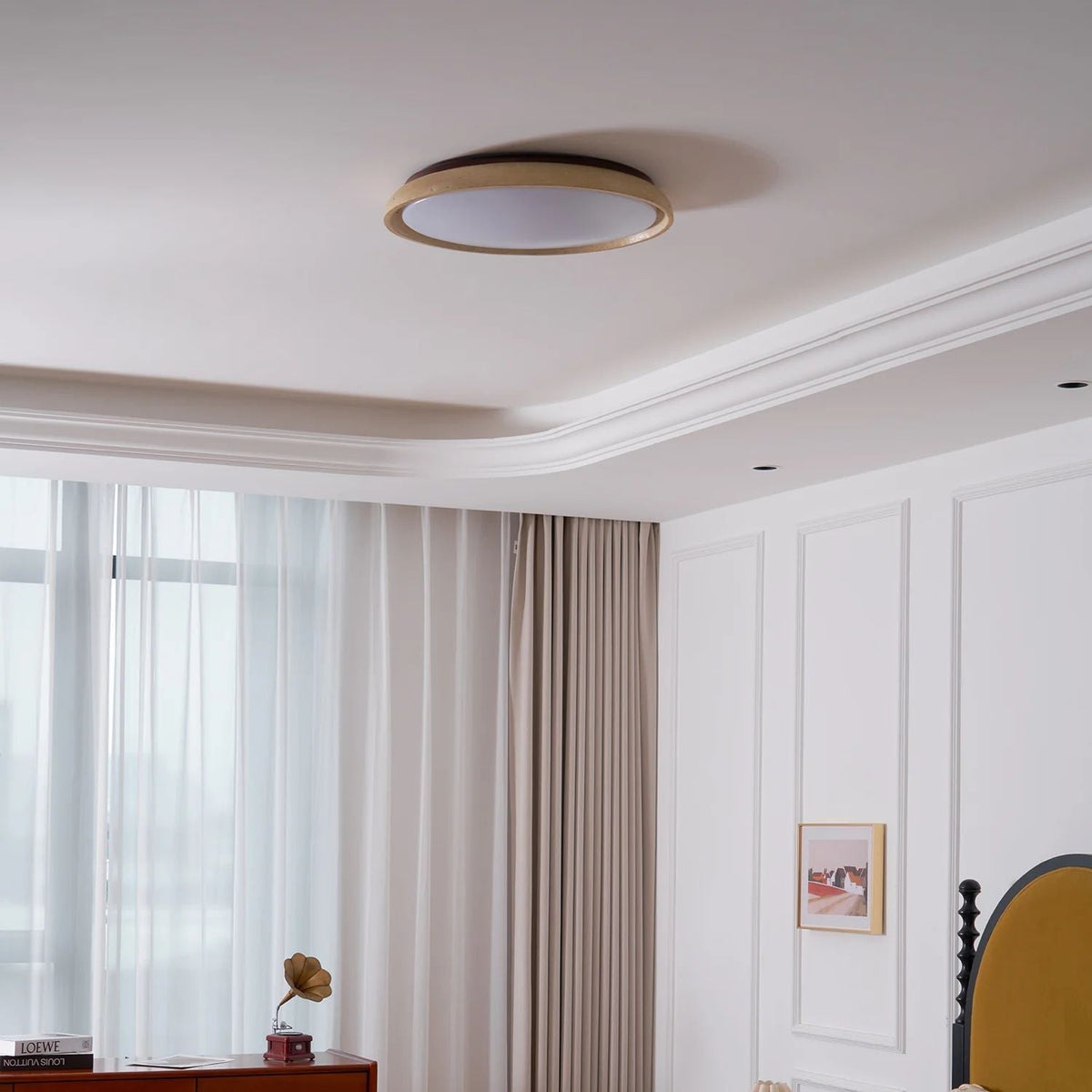 Flush Mount LED Overhead Light with Natural Stone & Wood Accents for Bedrooms, Hallways & Low Ceilings – Warm 3000K Glow, Scandinavian Minim