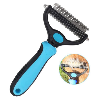 Dual-Blade Pet Deshedding Brush for Dogs & Cats – Stainless Steel Grooming Comb for Medium to Long Coats