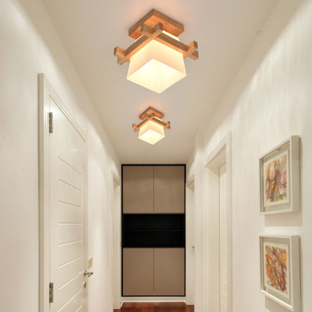Square Flush Mount Ceiling Light Fixture with Wood Accent, White Shade, E27 Socket for Bedroom, Hallway, Living Room, Minimalist Home Lighti