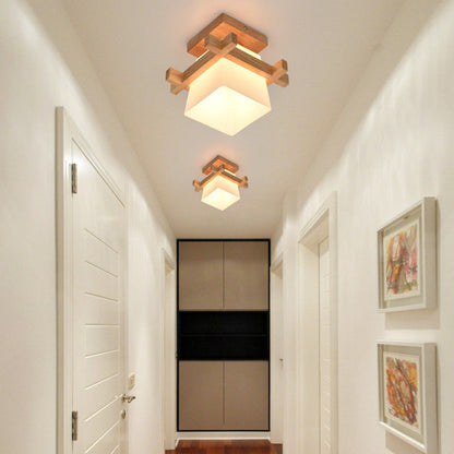 Square Flush Mount Ceiling Light Fixture with Wood Accent, White Shade, E27 Socket for Bedroom, Hallway, Living Room, Minimalist Home Lighti