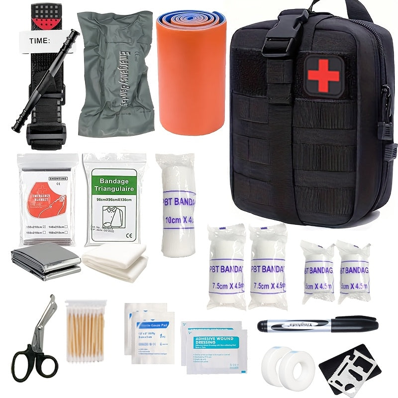 Emergency First Aid Kit with Tourniquet for Outdoor Adventures, Camping & Hiking Survival Trauma Medical Supplies | Compact Portable Bag