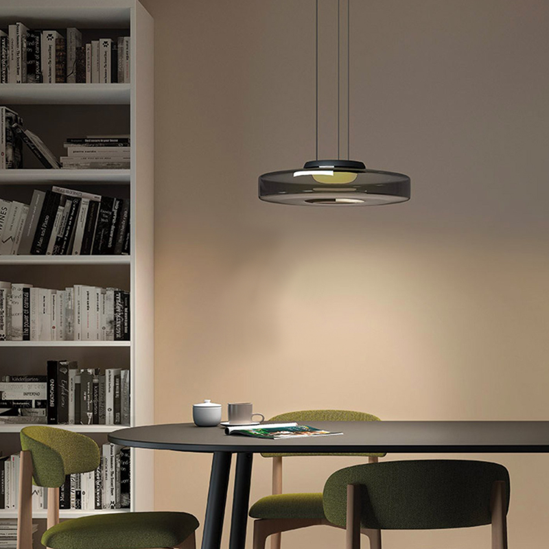Stacked Glass Shade Ceiling Fixture 18 in Diameter Adjustable Height 12W Warm LED Kitchen Island Dining Room Modern Sculptural Hanging Light