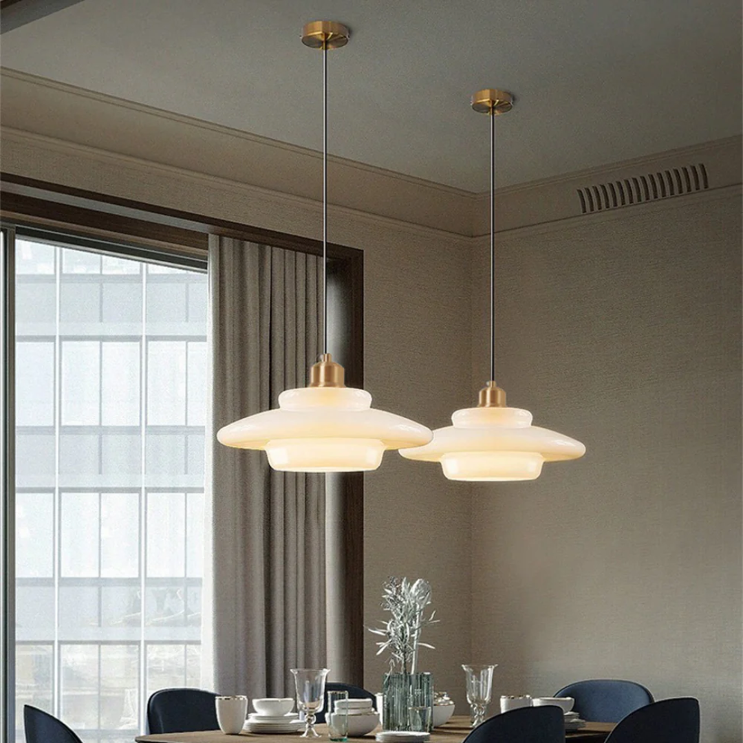 Adjustable Drop Ceiling Light with Cream Glass Shade and Gold Finish for Dining Room Kitchen Island Counter 47 in Cord E27 Socket Modern Far