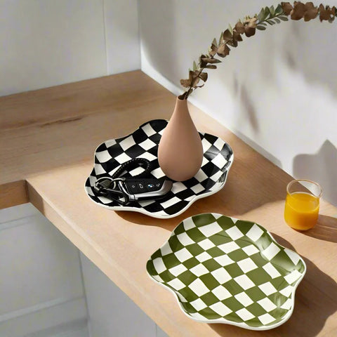 Cleo Checkered Plate - Durable Ceramic, Wavy Checkerboard Tray