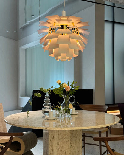 Sculptural Metal Shade Hanging Fixture 20 in Adjustable Height Overhead Lighting for Dining Room Kitchen Island Entryway Warm Glow Installat