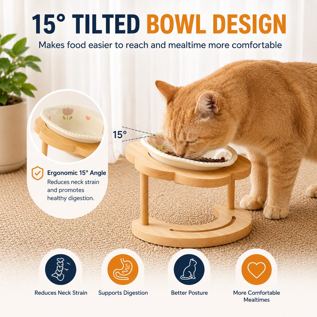Ortekor Elevated Ceramic Pet Bowl with Wooden Stand for Cats & Small Dogs