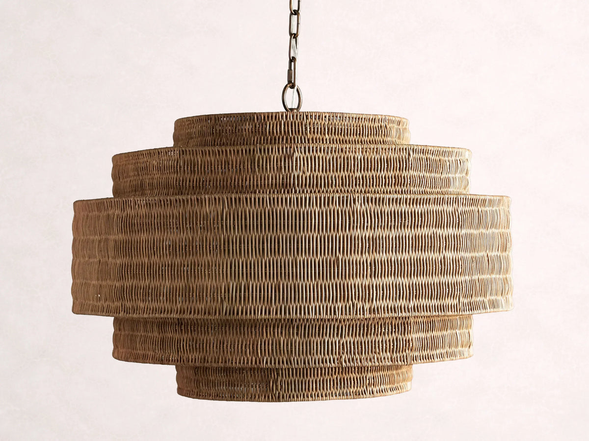 Woven Rattan Ceiling Chandelier with Layered Dome Shade – 28 or 40 Inch Natural Boho Pendant Light for Dining Room, Bedroom, Living Room