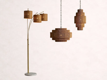 Woven Rattan Ceiling Chandelier with Layered Dome Shade – 28 or 40 Inch Natural Boho Pendant Light for Dining Room, Bedroom, Living Room