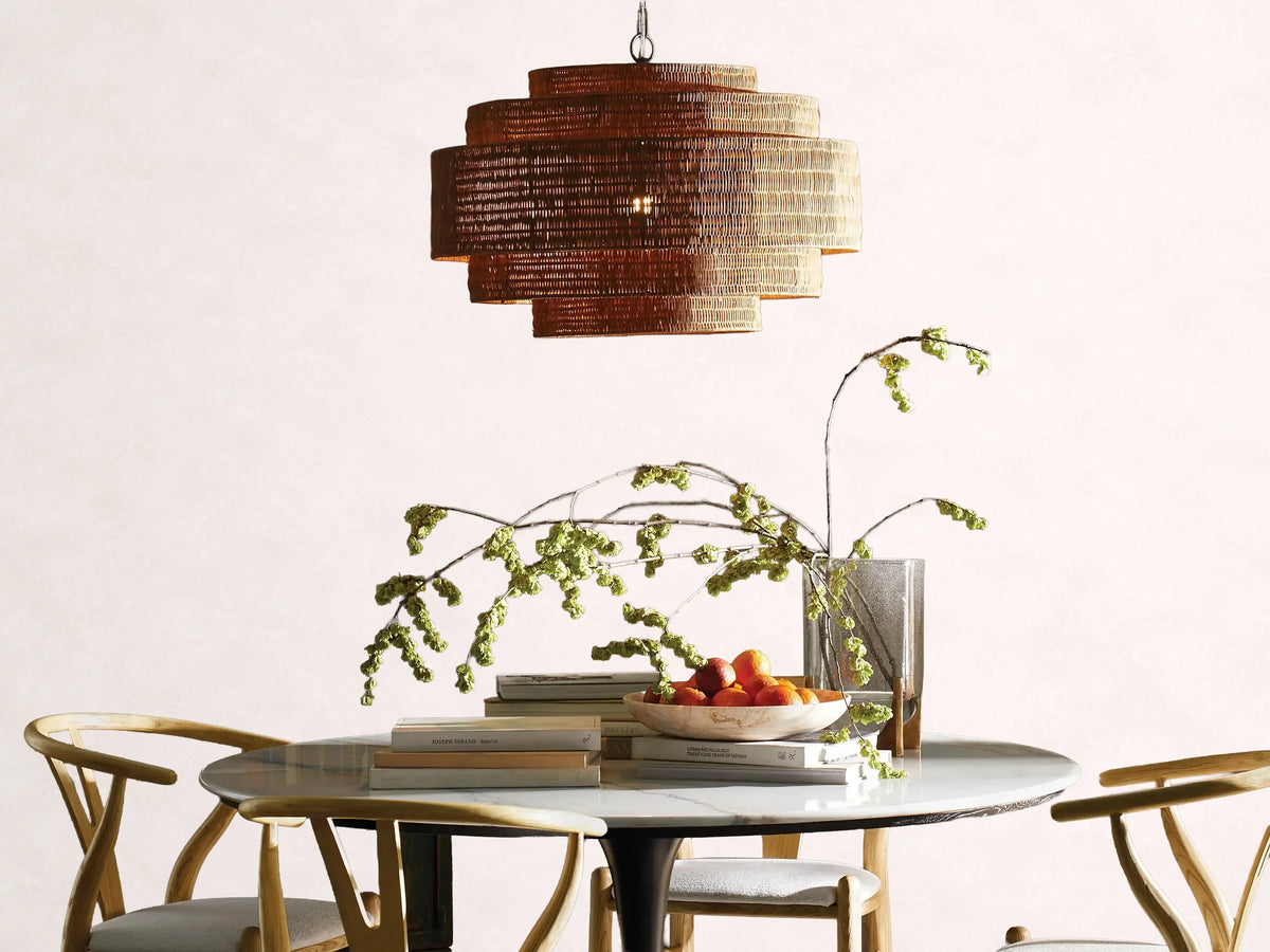 Woven Rattan Ceiling Chandelier with Layered Dome Shade – 28 or 40 Inch Natural Boho Pendant Light for Dining Room, Bedroom, Living Room