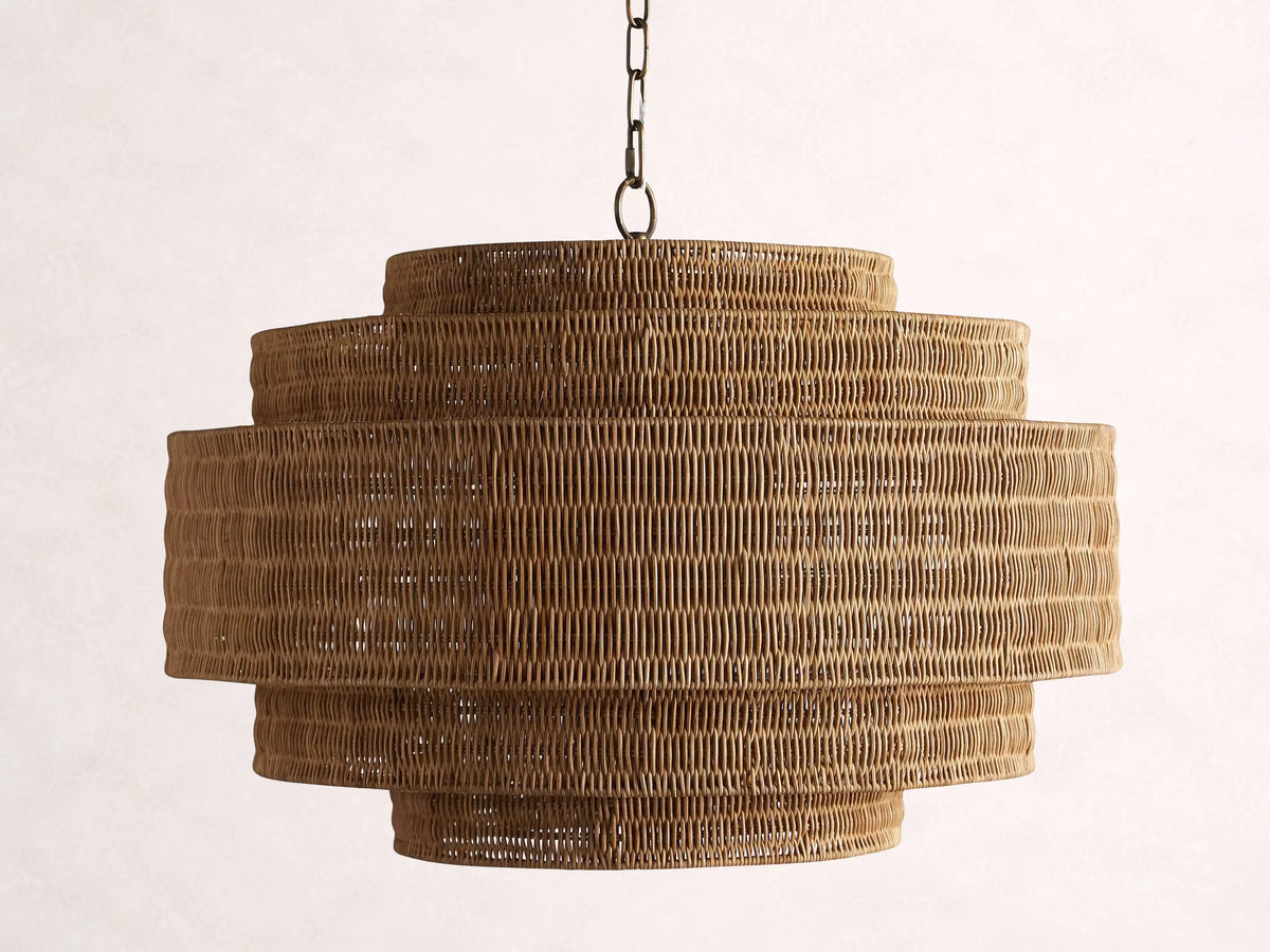 Woven Rattan Ceiling Chandelier with Layered Dome Shade – 28 or 40 Inch Natural Boho Pendant Light for Dining Room, Bedroom, Living Room