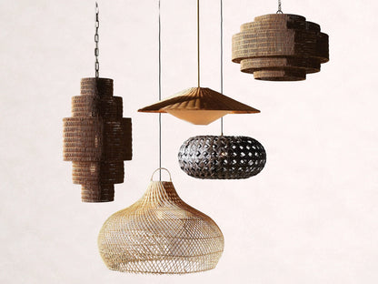 Woven Rattan Ceiling Chandelier with Layered Dome Shade – 28 or 40 Inch Natural Boho Pendant Light for Dining Room, Bedroom, Living Room