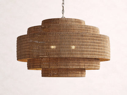 Woven Rattan Ceiling Chandelier with Layered Dome Shade – 28 or 40 Inch Natural Boho Pendant Light for Dining Room, Bedroom, Living Room