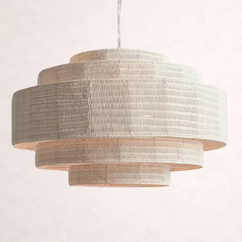 Woven Rattan Ceiling Chandelier with Layered Dome Shade – 28 or 40 Inch Natural Boho Pendant Light for Dining Room, Bedroom, Living Room