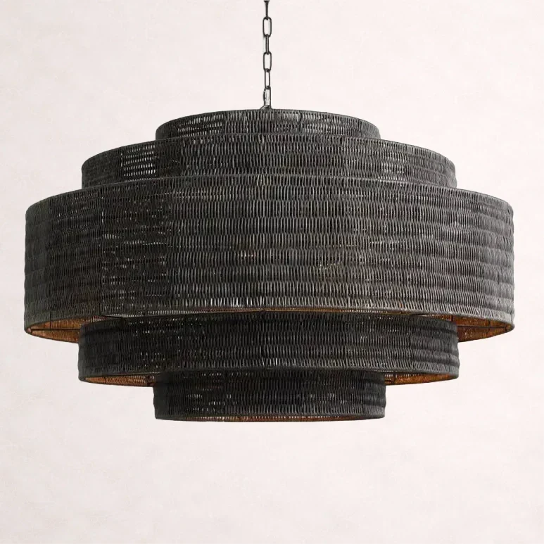 Woven Rattan Ceiling Chandelier with Layered Dome Shade – 28 or 40 Inch Natural Boho Pendant Light for Dining Room, Bedroom, Living Room