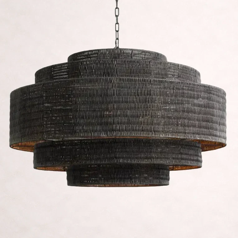 Woven Rattan Ceiling Chandelier with Layered Dome Shade – 28 or 40 Inch Natural Boho Pendant Light for Dining Room, Bedroom, Living Room