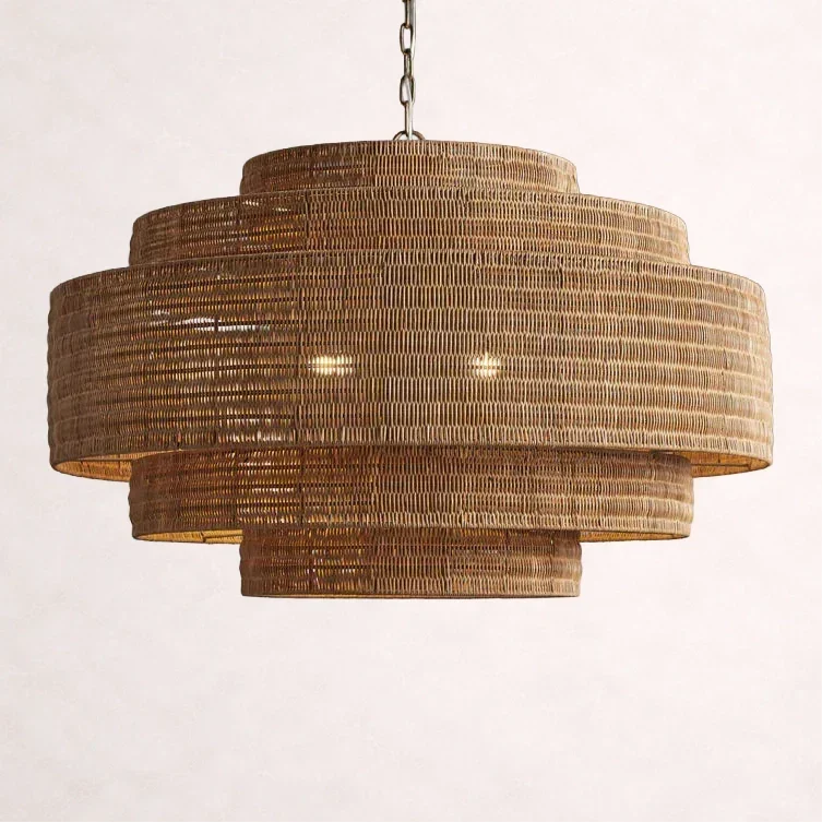 Woven Rattan Ceiling Chandelier with Layered Dome Shade – 28 or 40 Inch Natural Boho Pendant Light for Dining Room, Bedroom, Living Room