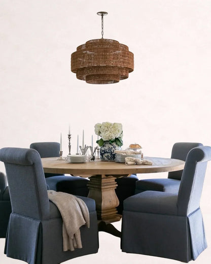 Woven Rattan Ceiling Chandelier with Layered Dome Shade – 28 or 40 Inch Natural Boho Pendant Light for Dining Room, Bedroom, Living Room