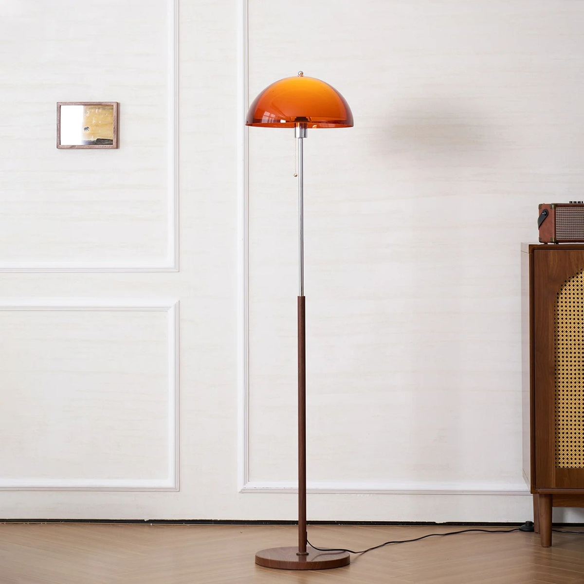Tall Arched Standing Lamp with Translucent Dome Shade 63 Inches for Living Space Reading Corner Retro Mid-Century Accent Lighting Walnut Woo