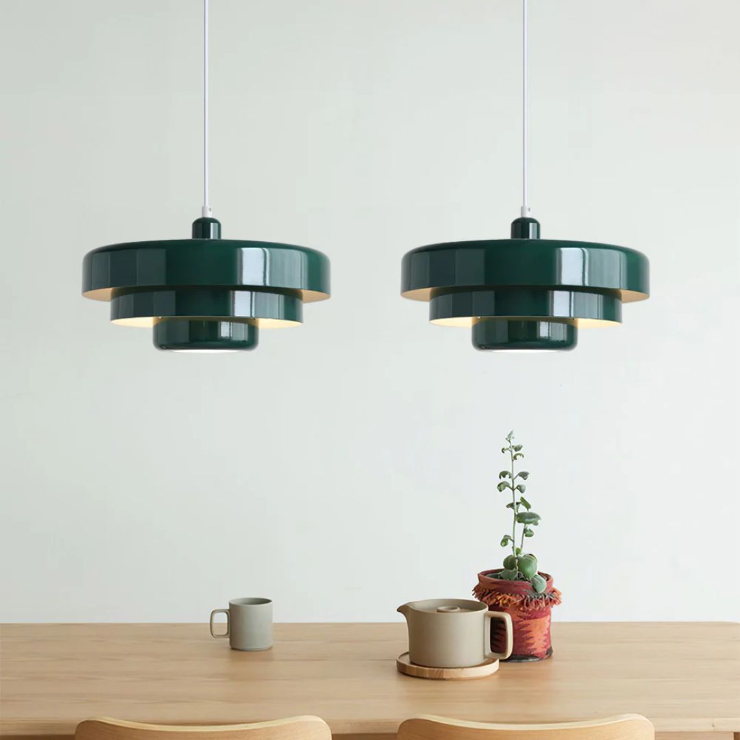 Hanging Iron Ceiling Fixture 14 Inch Layered Shade Height-Adjustable for Kitchen Dining Room Bedroom Modern Retro Downlight E27 Socket