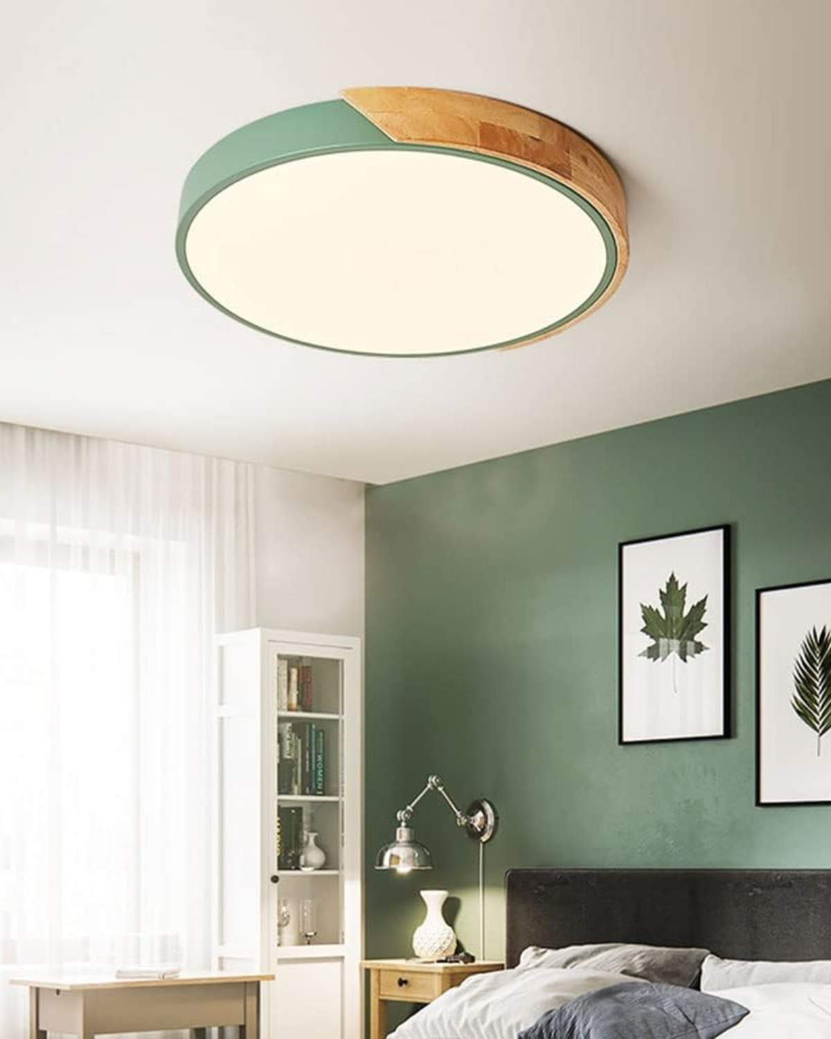 Round Flush Mount Ceiling Light with Wood Accent and Integrated LED – Modern Low Profile Fixture in 9, 12, 16, 20, and 24 inch Sizes for Liv