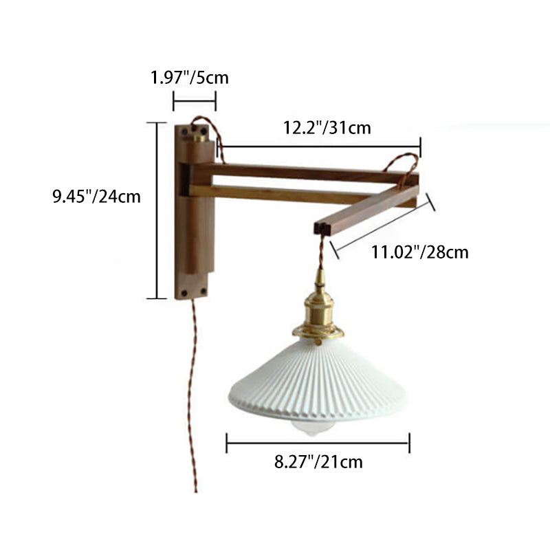 Swing-Arm Sconce with Ribbed Glass Shade 8.3 Inch Light Wood Walnut Brass Accent Fixture for Bedroom Hallway Entryway Reading Adjustable Mou