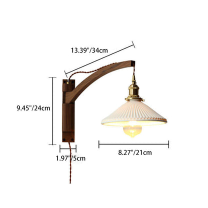 Swing-Arm Sconce with Ribbed Glass Shade 8.3 Inch Light Wood Walnut Brass Accent Fixture for Bedroom Hallway Entryway Reading Adjustable Mou