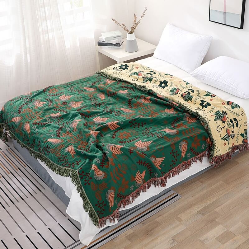 Reversible Cotton Throw Blanket with Woven Bird & Floral Pattern, Tasseled Edge for Couch, Sofa, Bed – Double-Sided Bohemian Home Accent