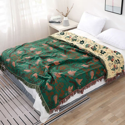 Reversible Cotton Throw Blanket with Woven Bird & Floral Pattern, Tasseled Edge for Couch, Sofa, Bed – Double-Sided Bohemian Home Accent