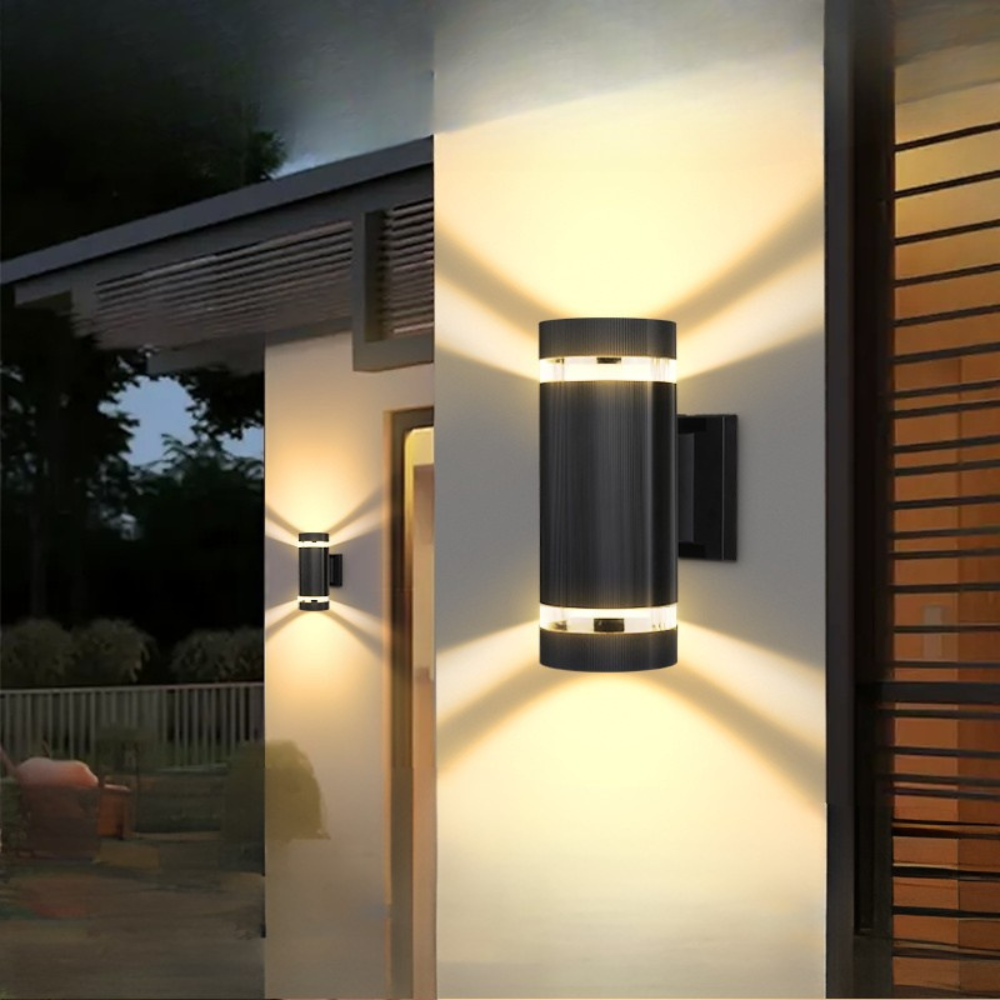 Exterior Sconce with Dual-Beam Illumination – Weatherproof Cylindrical Fixture for Entryways, Patios & Gardens – E27 Socket, IP65 Rating, Bl